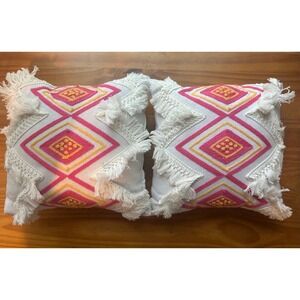 2 Boho Embroidered Pillows Fringe 7" x 7" White pink Yellow